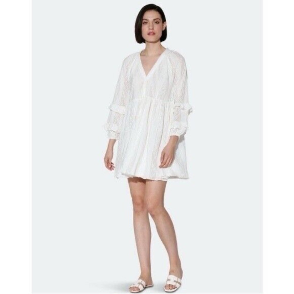 Walter Baker White Haven Lace Babydoll Dress, Size Large, Long Blouson Sleeves